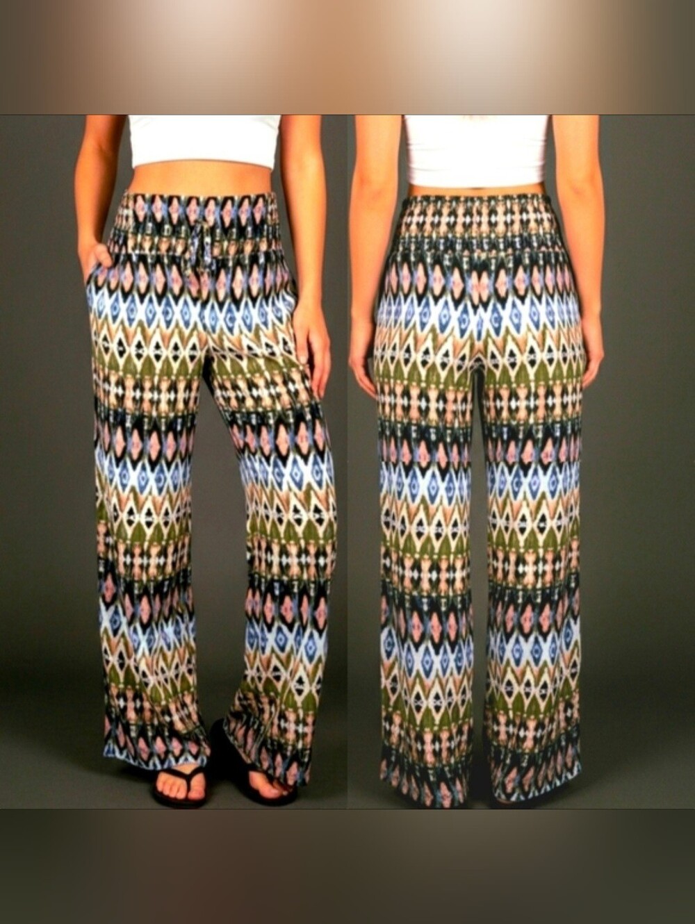 Peace & Pearls pink green cream native ikat wide leg pallazo pants XL NWT